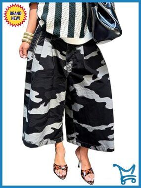 Women's Camo Cargo Pants Baggy Wide Leg High Waist Bermuda Capris Army Fatigue